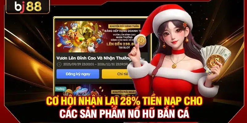 4 Khuyến Mãi BJ88 Bùng Nổ Tiền Thưởng Dành Cho Mọi Hội Viên 2 Cơ hội nhận lại 28% tiền nạp cho các sản phẩm nổ hũ bắn cá
